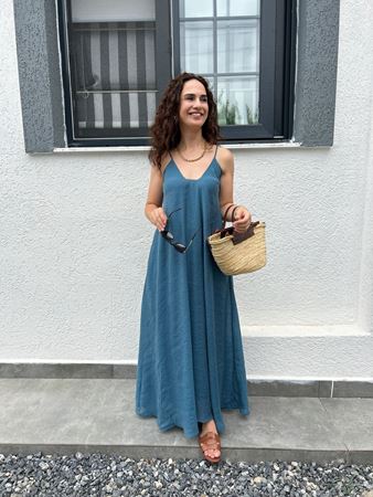 Petrol Mavisi İp Askılı Elbise