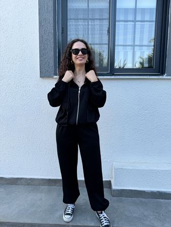 Siyah Kapüşonlu Torba Cepli Modal Eşofman Takımı