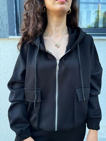 Siyah Kapüşonlu Torba Cepli Modal Eşofman Takımı