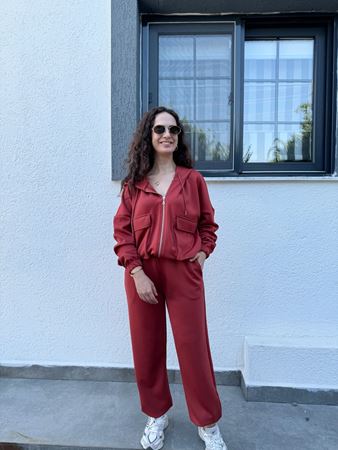 Kiremit Kapüşonlu Torba Cepli Modal Eşofman Takımı