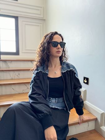 Siyah Kot Detaylı Tasarım Bomber Ceket 