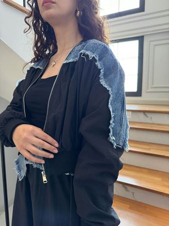 Siyah Kot Detaylı Tasarım Bomber Ceket 