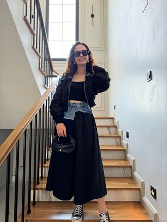 Siyah Kot Detaylı Tasarım Beli Lastikli Etek