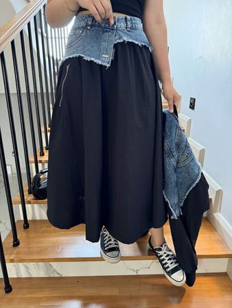 Siyah Kot Detaylı Tasarım Beli Lastikli Etek