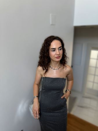 Antrasit Taşlı Straptez Elbise