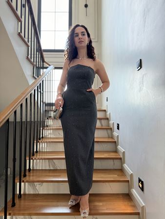 Antrasit Taşlı Straptez Elbise