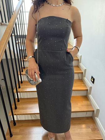 Antrasit Taşlı Straptez Elbise