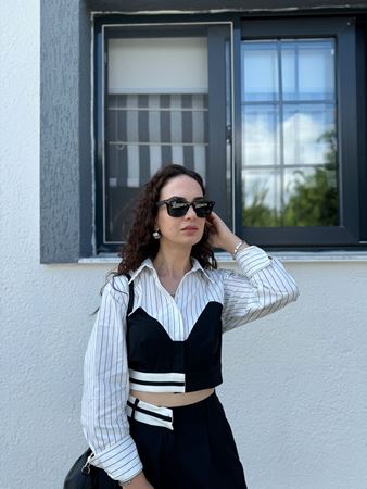 Siyah Şerit Detaylı Gömlek Palazzo Takım