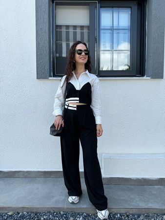 Siyah Şerit Detaylı Gömlek Palazzo Takım