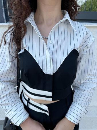 Siyah Şerit Detaylı Gömlek Palazzo Takım