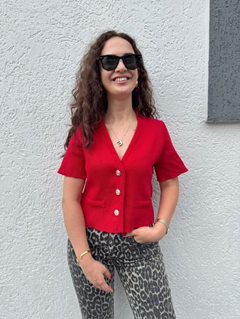 Kırmızı Gold Düğmeli Kısa Kollu Triko Hırka