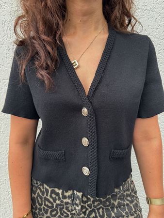 Siyah Gold Düğmeli Kısa Kollu Triko Hırka