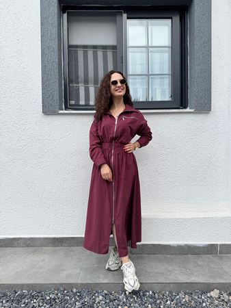 Bordo Beli Lastikli Silver Fermuarlı Poplin Elbise