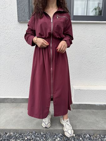 Bordo Beli Lastikli Silver Fermuarlı Poplin Elbise