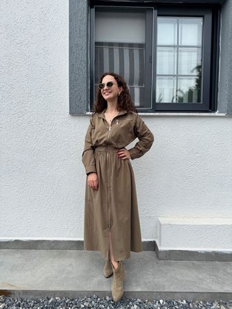 Haki Beli Lastikli Silver Fermuarlı Poplin Elbise