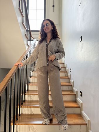 Yeşil Desenli Bel Bağlamalı Saten Pantolon