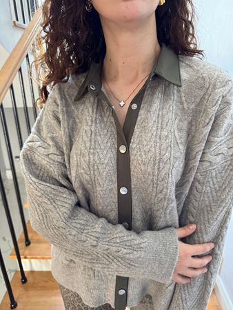 Vizon Çıt Çıtlı Saç Örgü Polo Yaka Hırka