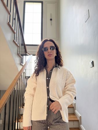 Ekru Çıt Çıtlı Saç Örgü Polo Yaka Hırka