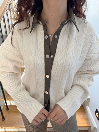 Ekru Çıt Çıtlı Saç Örgü Polo Yaka Hırka