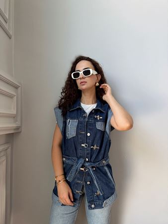 Mavi Kancalı Garnili Denim Yelek