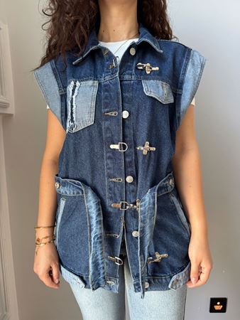 Mavi Kancalı Garnili Denim Yelek