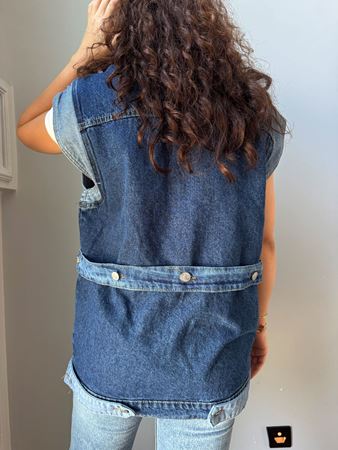 Mavi Kancalı Garnili Denim Yelek