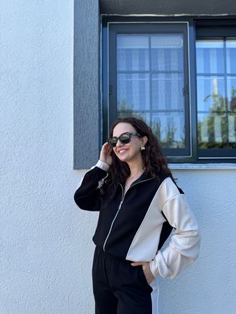 OYSH Siyah Bej Şeritli Fermuarlı Eşofman Takımı