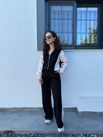 OYSH Siyah Bej Şeritli Fermuarlı Eşofman Takımı