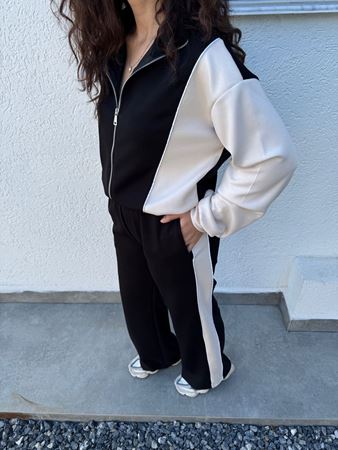 OYSH Siyah Bej Şeritli Fermuarlı Eşofman Takımı