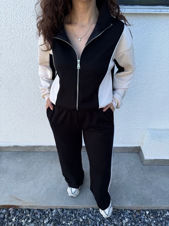 OYSH Siyah Bej Şeritli Fermuarlı Eşofman Takımı