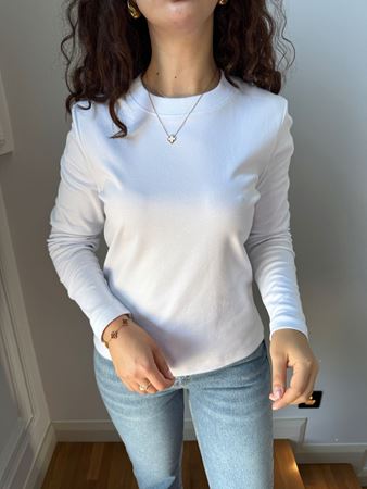 Beyaz Dekoratif Yaka Uzun Kol T-shirt