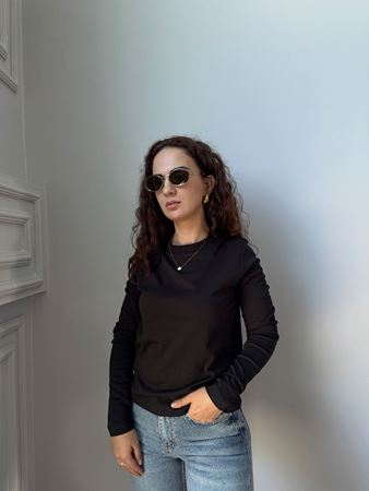 Siyah Dekoratif Yaka Uzun Kol T-shirt