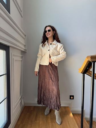 Acıkahverengi Kraşlı Maxi Saten Etek