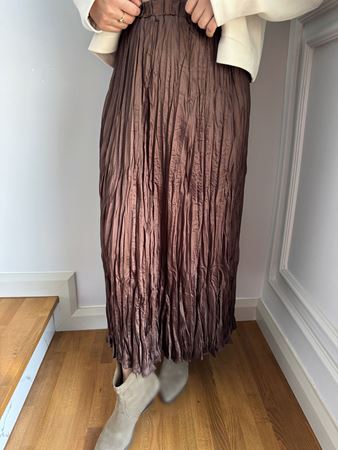 Acıkahverengi Kraşlı Maxi Saten Etek