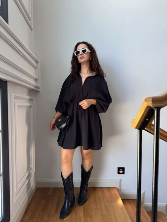 ZR Siyah Yarasa Kol Beli Lastikli Elbise