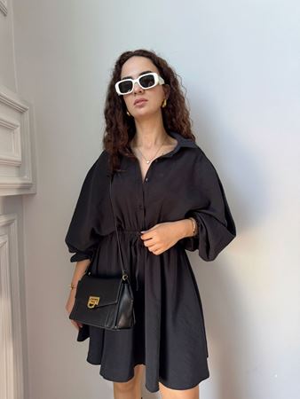 ZR Siyah Yarasa Kol Beli Lastikli Elbise