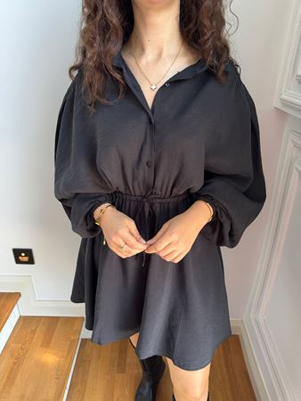 ZR Siyah Yarasa Kol Beli Lastikli Elbise