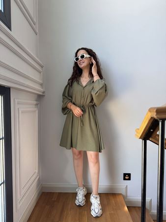 ZR Haki Yarasa Kol Beli Lastikli Elbise