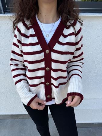 M.D. Bordo Bej Çizgili Gold Düğmeli Hırka