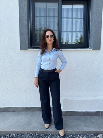 Lacivert Kemerli Palazzo Pantolon