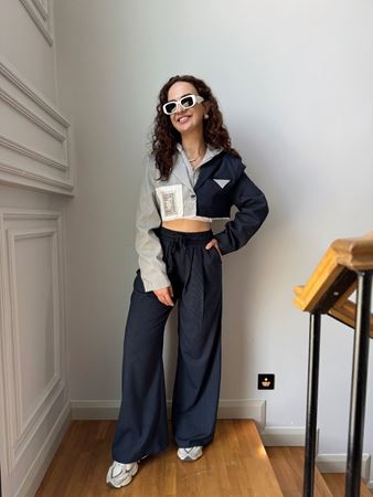 Lacivert Çizgili Pantolon Kapüşonlu Crop Ceket Takım