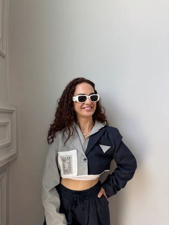 Lacivert Çizgili Pantolon Kapüşonlu Crop Ceket Takım