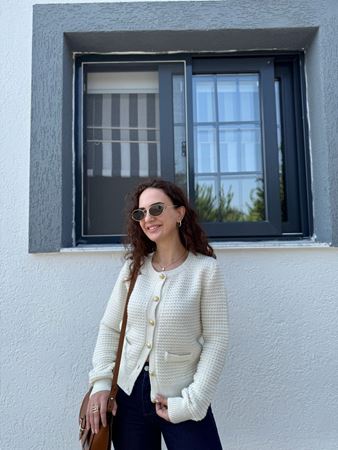 Ekru Bisiklet Yaka Gold Düğmeli Hırka