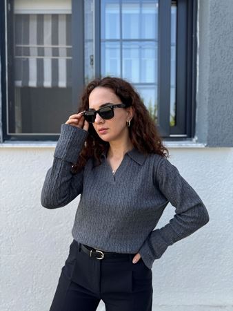 Antrasit Polo Yaka Saç Örgü Triko