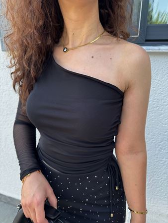 Siyah Tek Omuz Yandan Bağlama Detaylı Tül Bluz