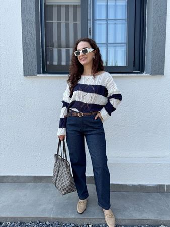 Lacivert Kahverengi Örgü Kemerli Duble Paça Pantolon