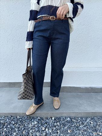 Lacivert Kahverengi Örgü Kemerli Duble Paça Pantolon