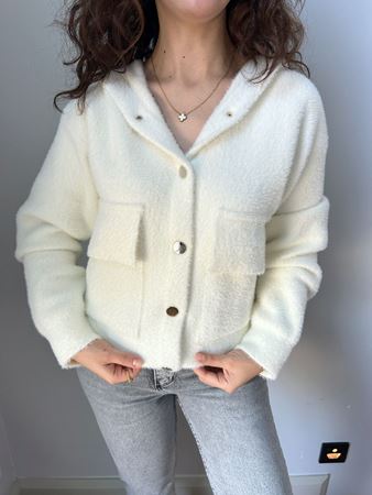 Ekru Kapüşonlu Çıtçıt Düğmeli Hırka