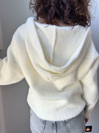 Ekru Kapüşonlu Çıtçıt Düğmeli Hırka