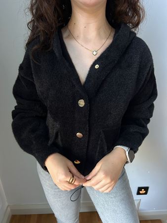 Siyah Kapüşonlu Çıtçıt Düğmeli Hırka